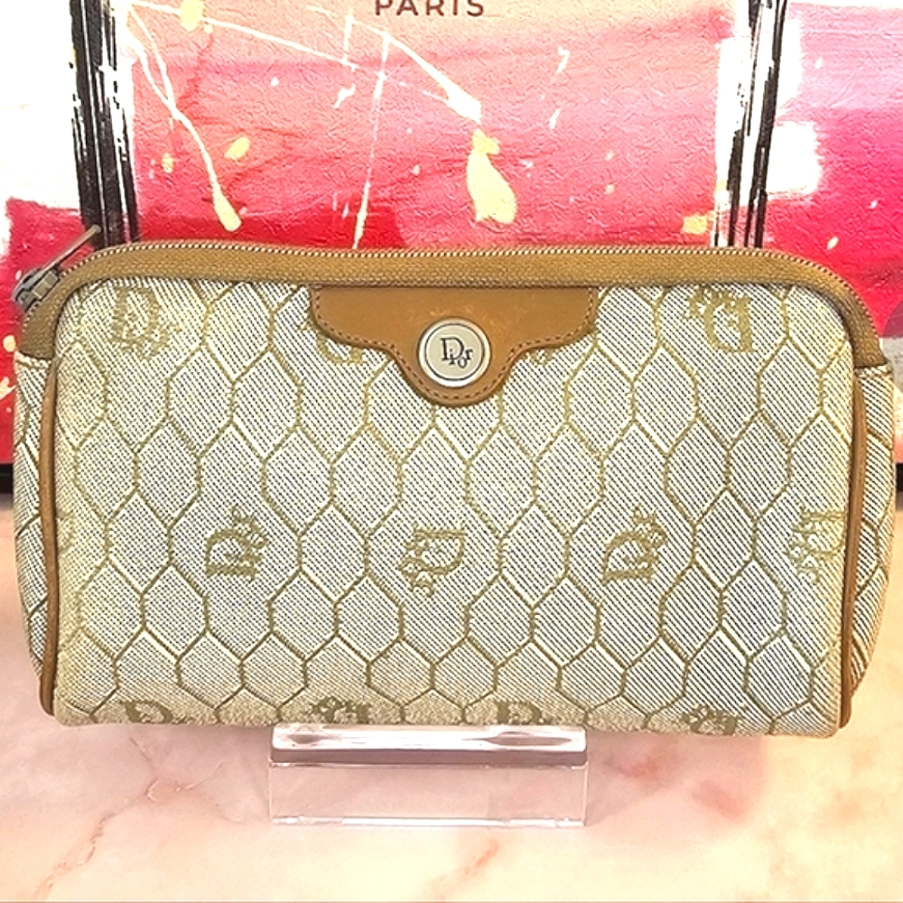 🐝Christian Dior Honeycomb Pattern VGUC Tan & Beige Vintage Pouch🍯